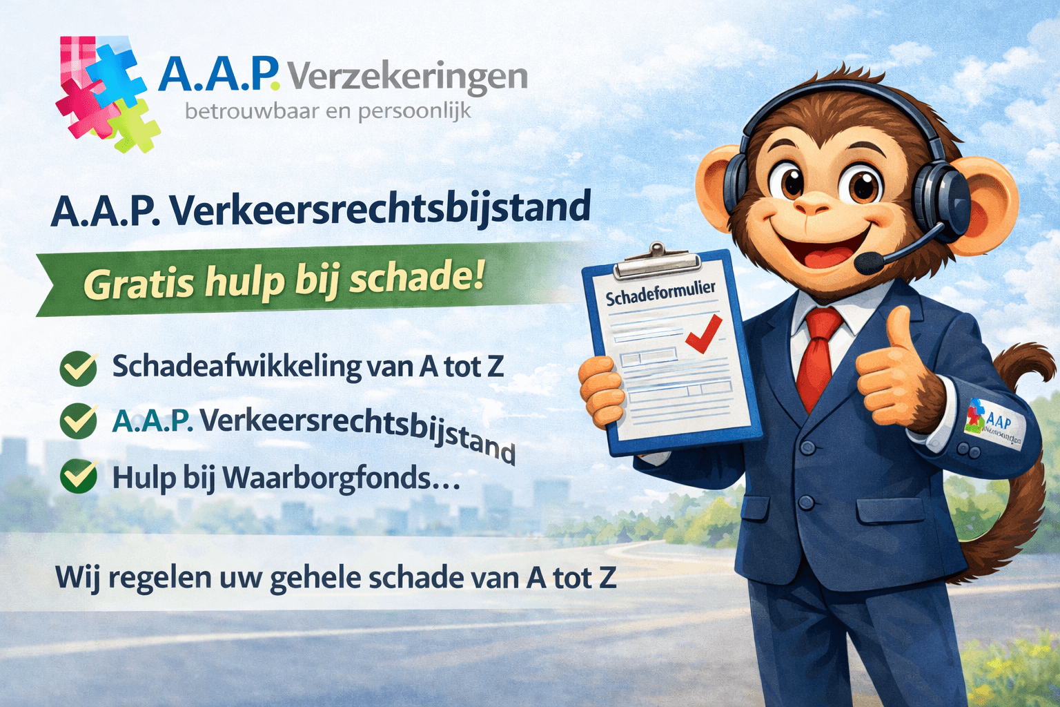 A.A.P. Verkeersrechtsbijstand met aapje mascotte en gratis hulp bij schade